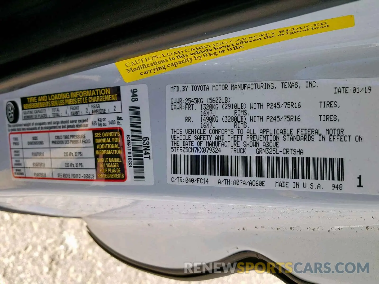 10 Photograph of a damaged car 5TFRZ5CN7KX079324 TOYOTA TACOMA ACC 2019
