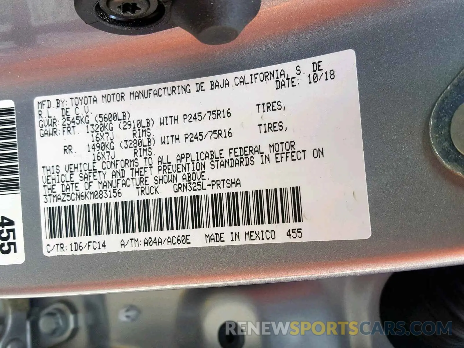 10 Photograph of a damaged car 3TMAZ5CN6KM083156 TOYOTA TACOMA DOU 2019