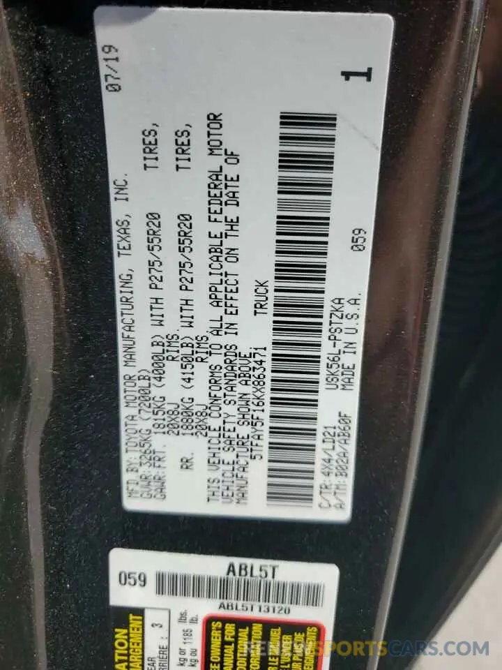 13 Photograph of a damaged car 5TFAY5F16KX863471 TOYOTA TUNDRA 2019