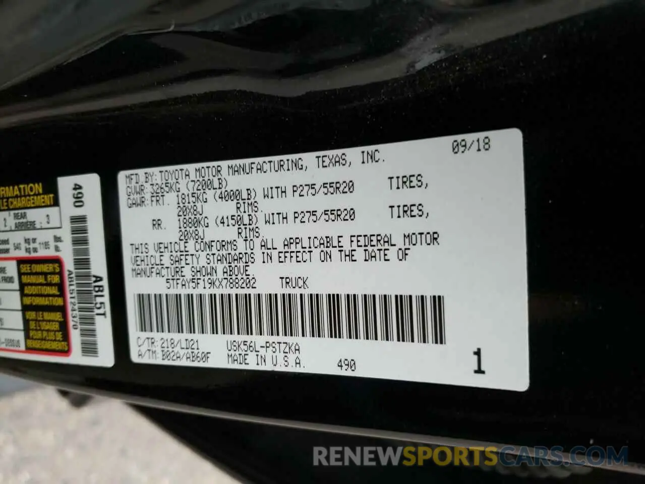 13 Photograph of a damaged car 5TFAY5F19KX788202 TOYOTA TUNDRA 2019