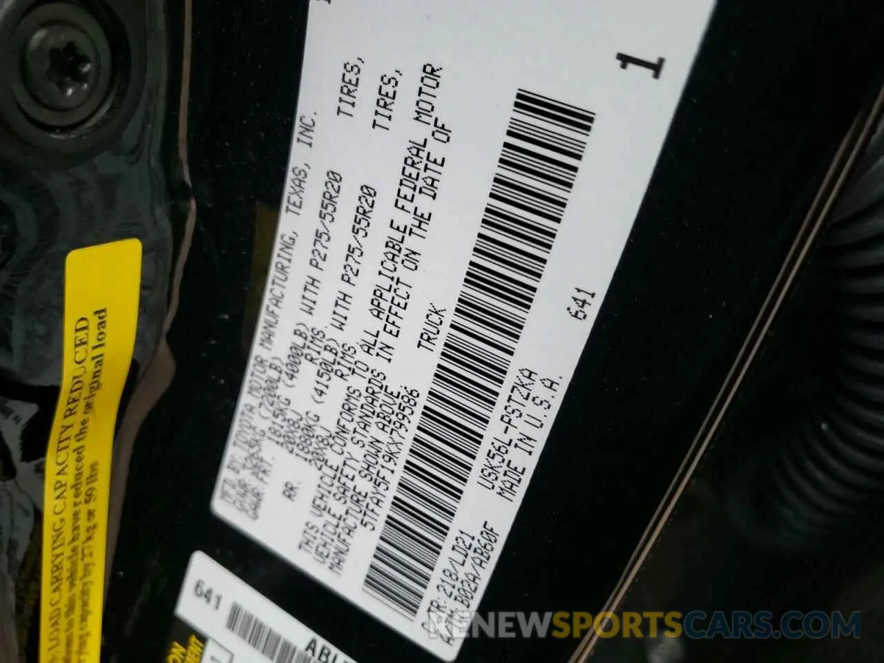 10 Photograph of a damaged car 5TFAY5F19KX799586 TOYOTA TUNDRA 2019