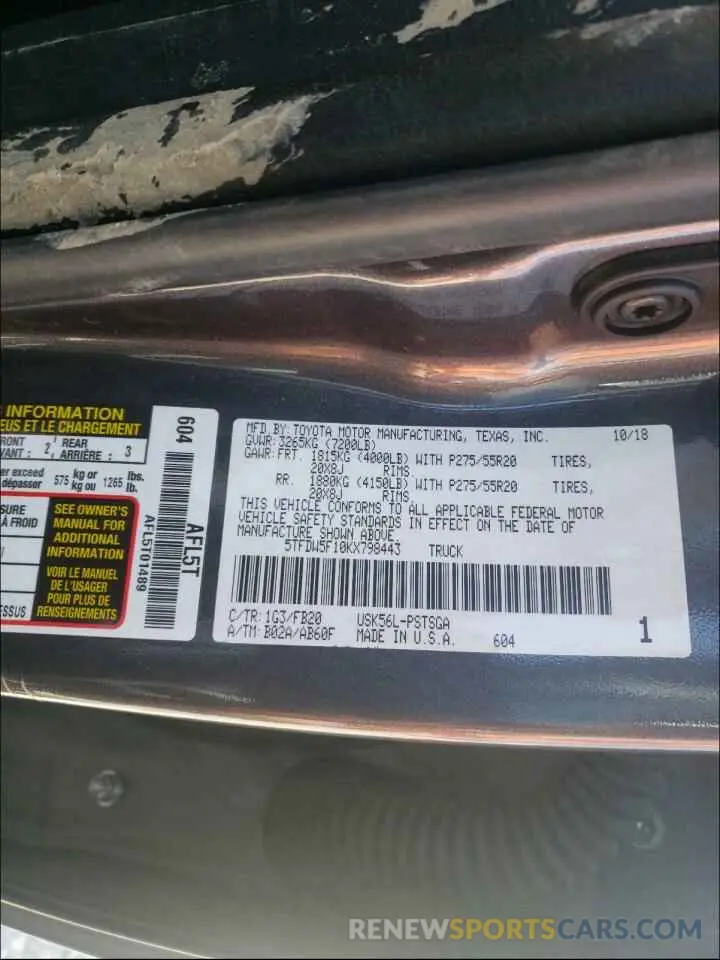 10 Photograph of a damaged car 5TFDW5F10KX798443 TOYOTA TUNDRA 2019