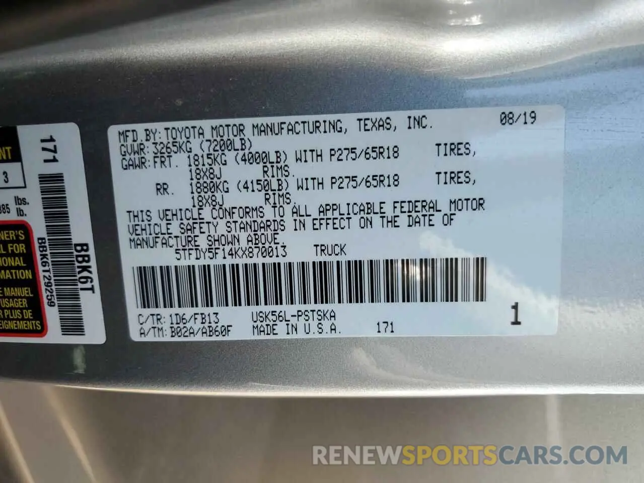 10 Photograph of a damaged car 5TFDY5F14KX870013 TOYOTA TUNDRA 2019