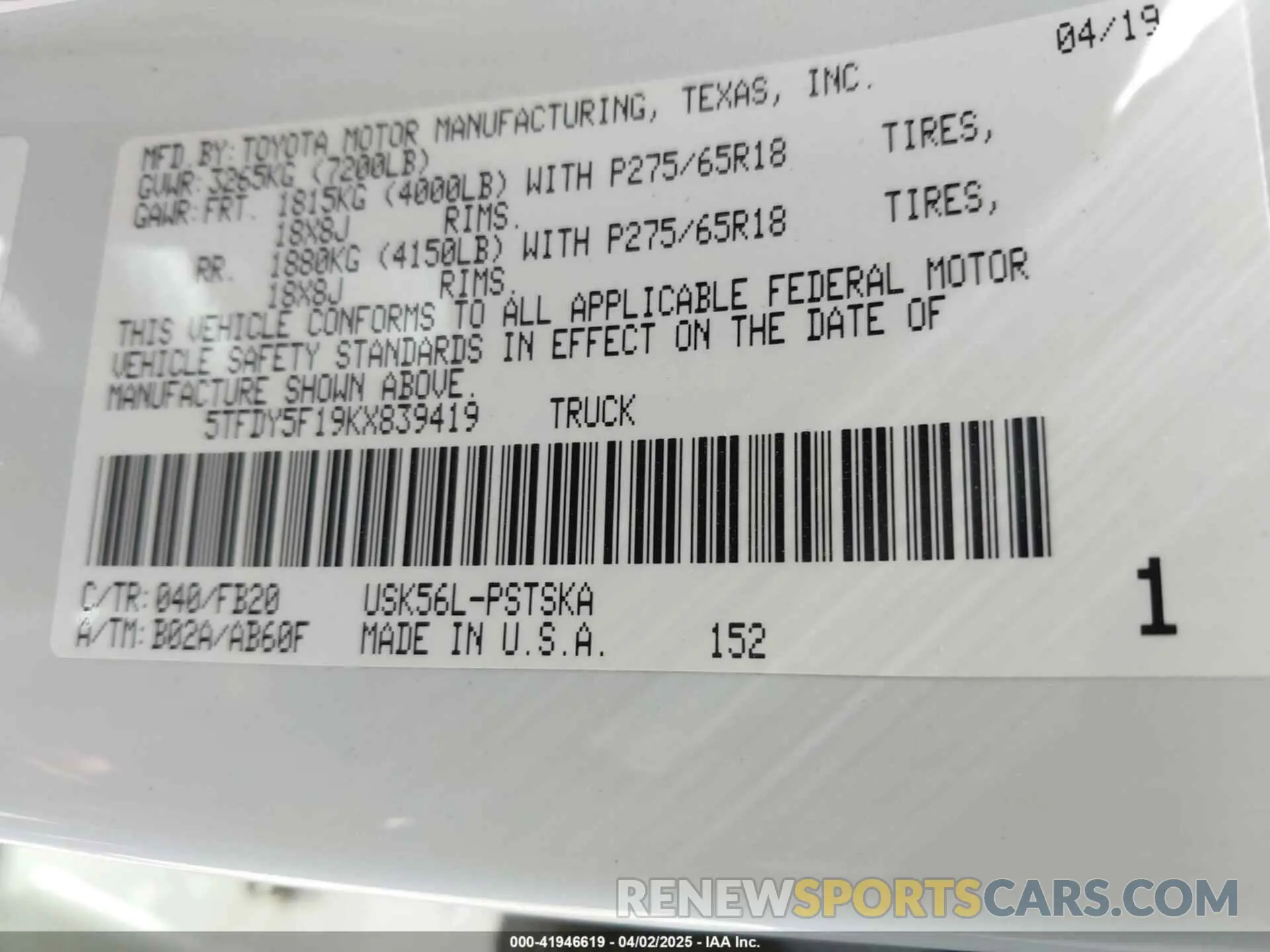 9 Photograph of a damaged car 5TFDY5F19KX839419 TOYOTA TUNDRA 2019