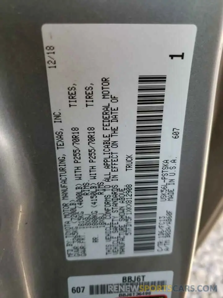 10 Photograph of a damaged car 5TFDY5F1XKX812908 TOYOTA TUNDRA 2019