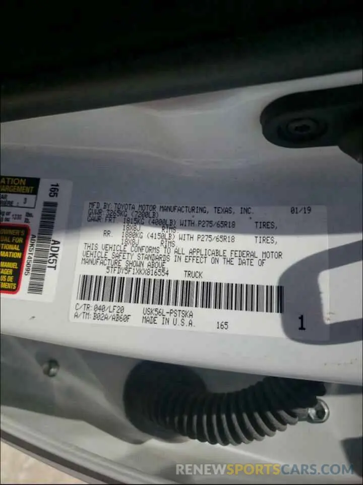 10 Photograph of a damaged car 5TFDY5F1XKX816554 TOYOTA TUNDRA 2019
