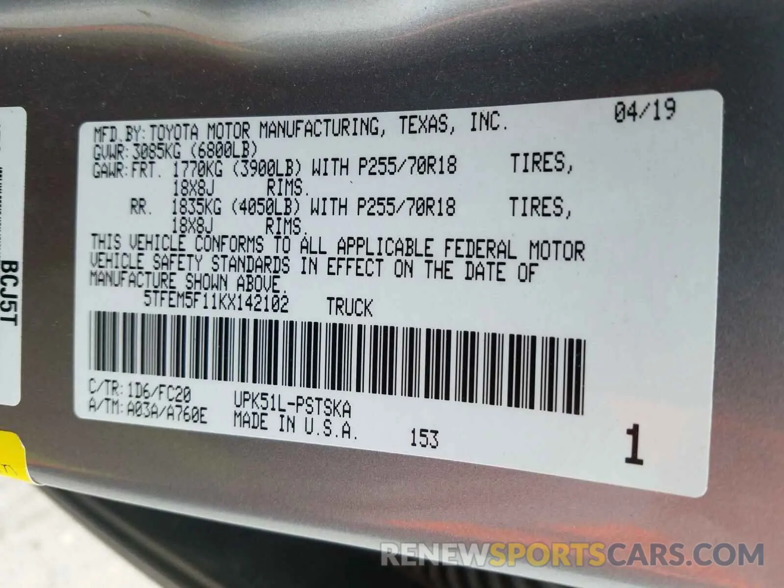 10 Photograph of a damaged car 5TFEM5F11KX142102 TOYOTA TUNDRA 2019