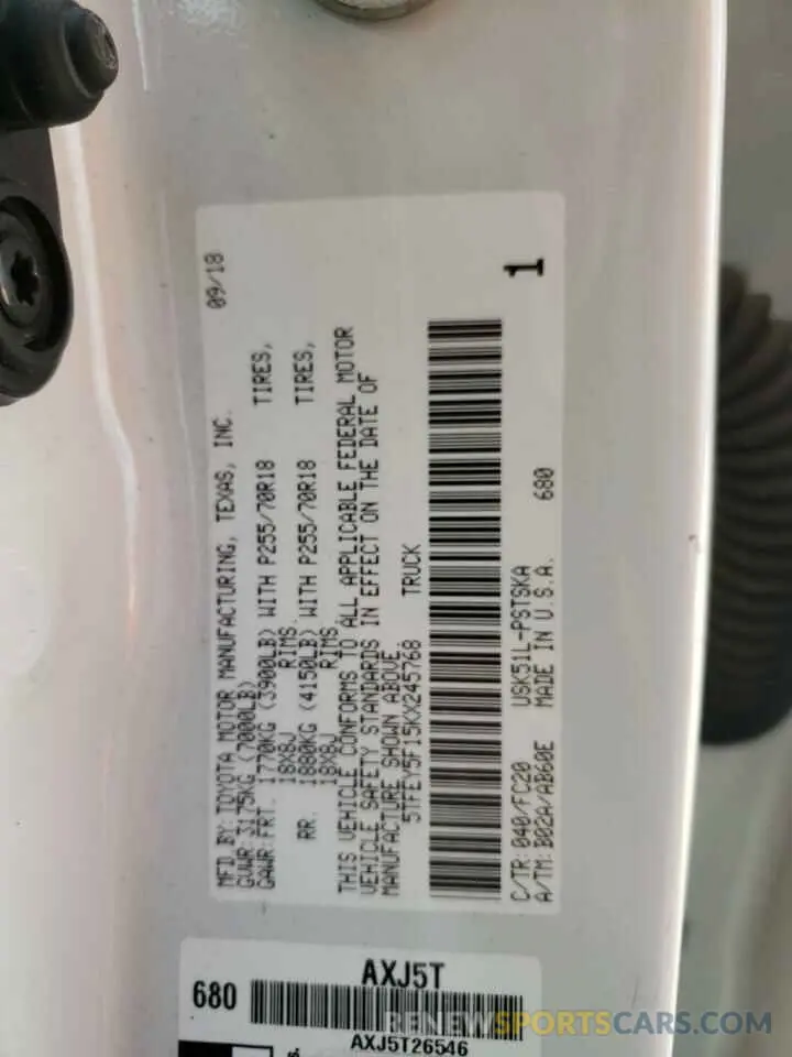 10 Photograph of a damaged car 5TFEY5F15KX245768 TOYOTA TUNDRA 2019