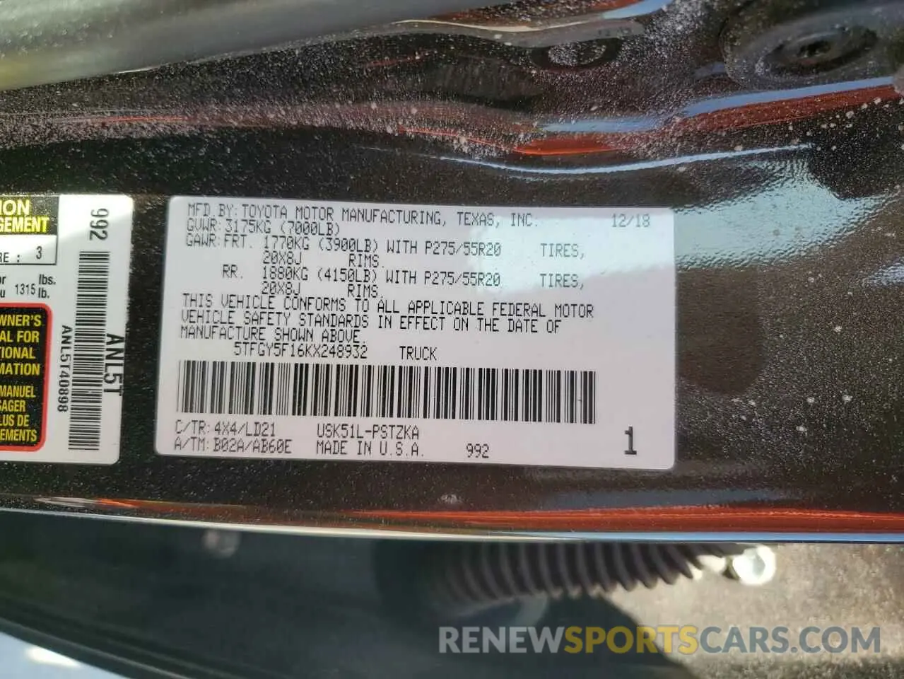 12 Photograph of a damaged car 5TFGY5F16KX248932 TOYOTA TUNDRA 2019