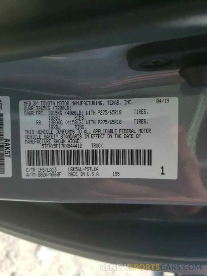 10 Photograph of a damaged car 5TFHY5F17KX844412 TOYOTA TUNDRA 2019