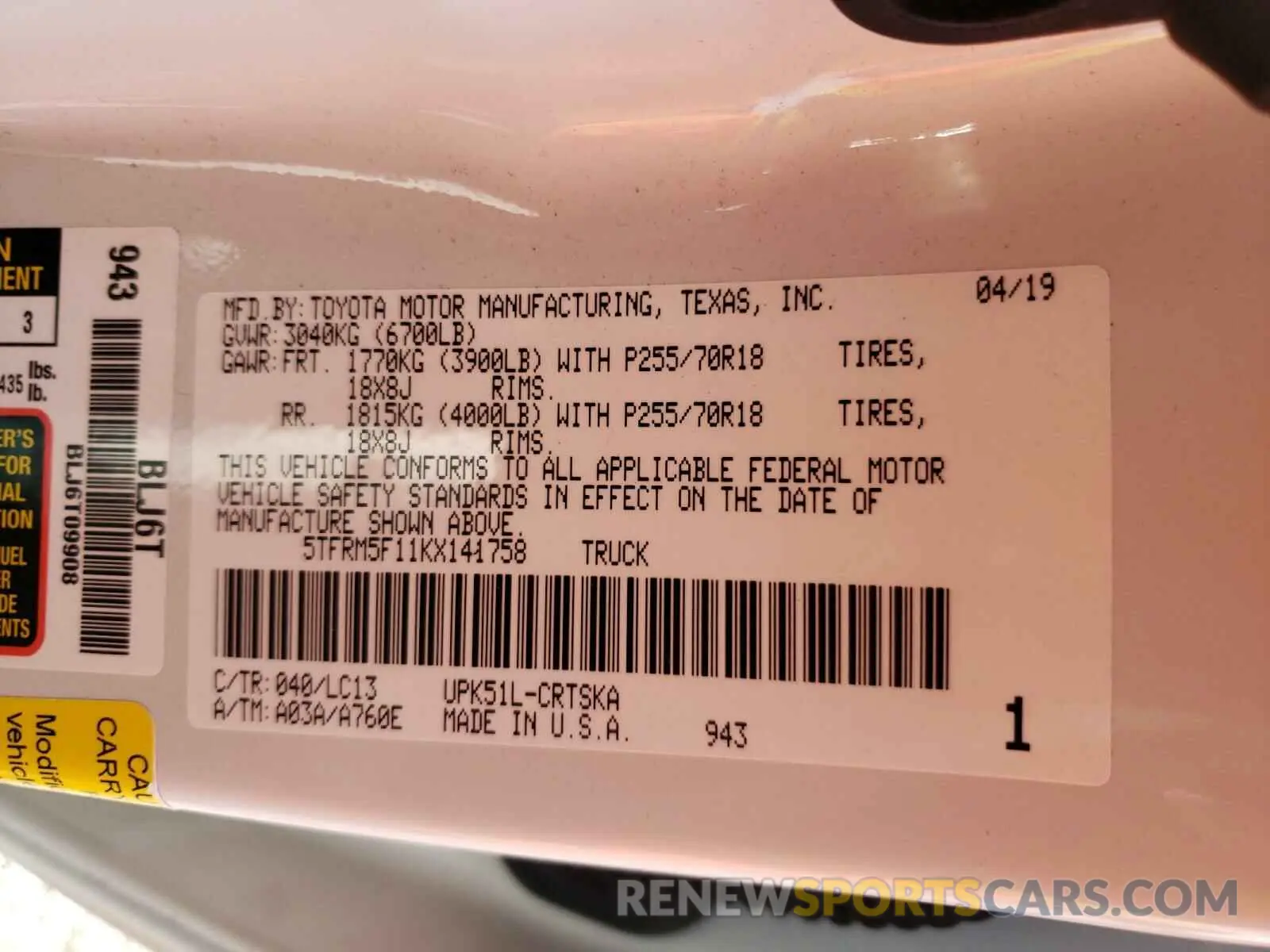 10 Photograph of a damaged car 5TFRM5F11KX141758 TOYOTA TUNDRA 2019