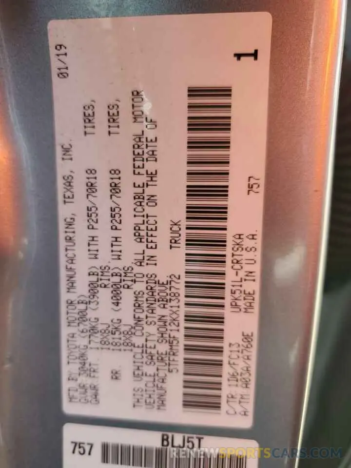 12 Photograph of a damaged car 5TFRM5F12KX138772 TOYOTA TUNDRA 2019