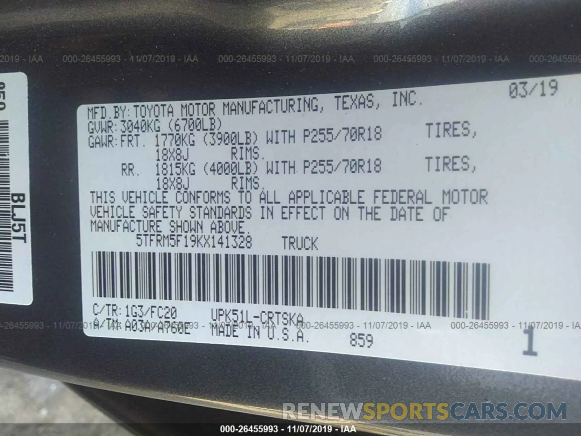 9 Photograph of a damaged car 5TFRM5F19KX141328 TOYOTA TUNDRA 2019