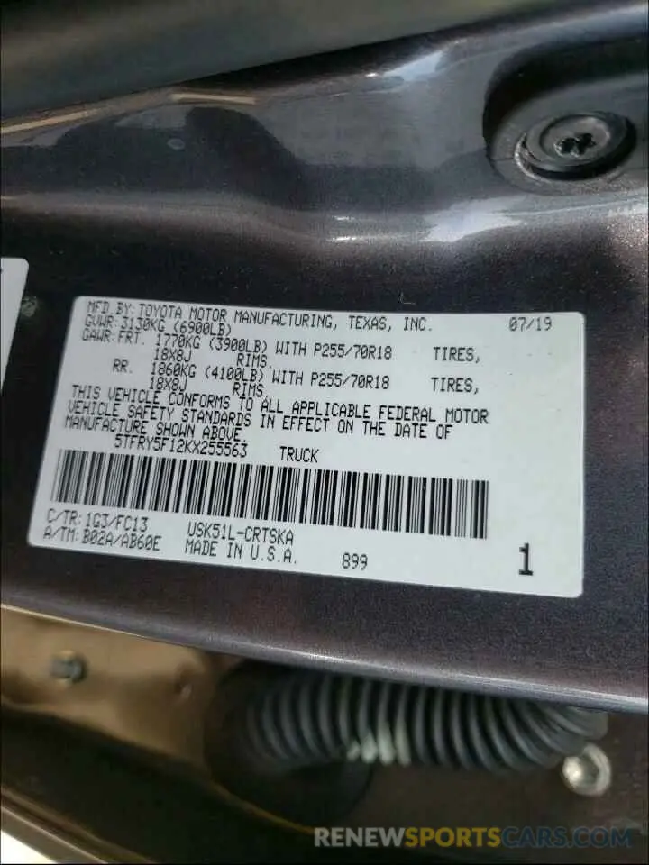 10 Photograph of a damaged car 5TFRY5F12KX255563 TOYOTA TUNDRA 2019