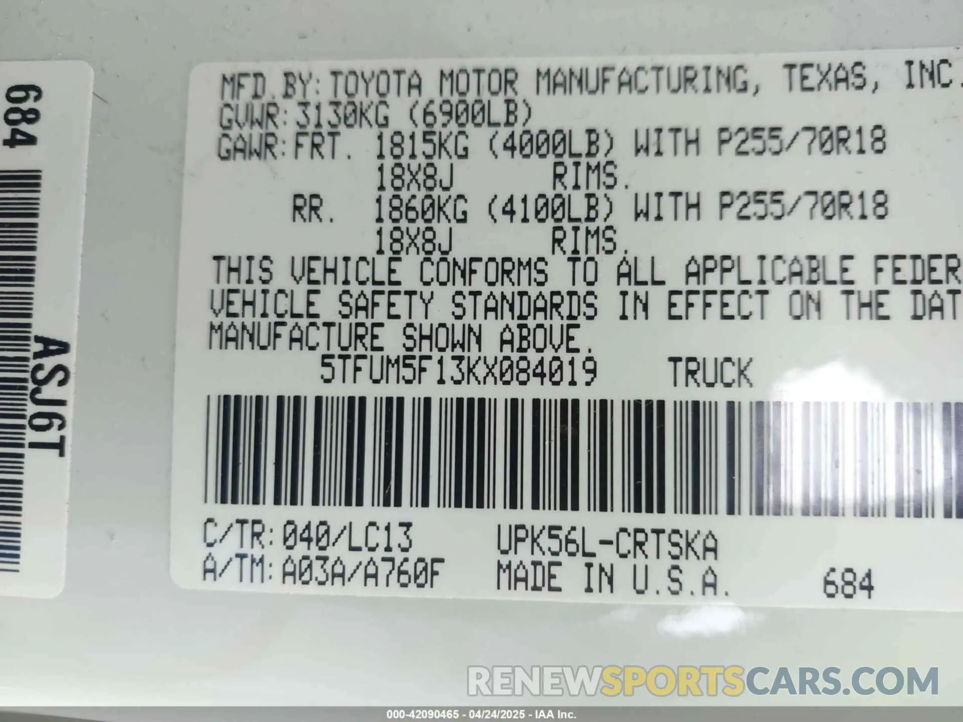 9 Фотография поврежденного автомобиля 5TFUM5F13KX084019 TOYOTA TUNDRA 2019