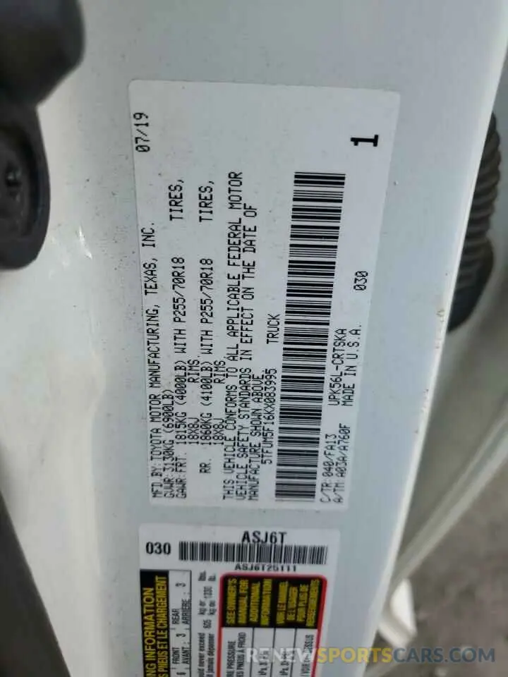 12 Photograph of a damaged car 5TFUM5F16KX083995 TOYOTA TUNDRA 2019