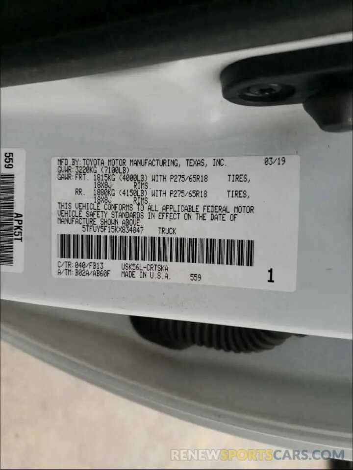10 Photograph of a damaged car 5TFUY5F15KX834847 TOYOTA TUNDRA 2019