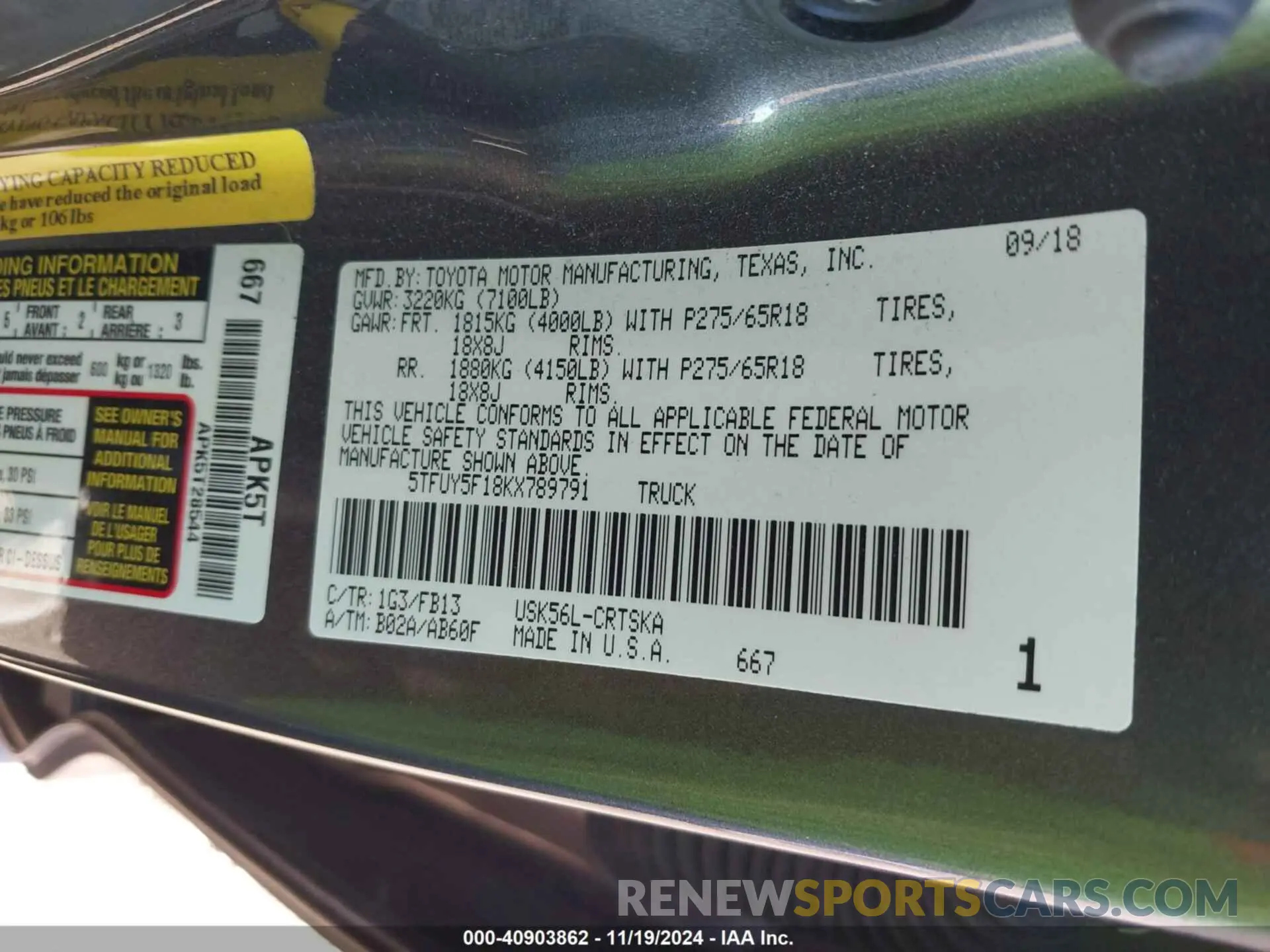 9 Фотография поврежденного автомобиля 5TFUY5F18KX789791 TOYOTA TUNDRA 2019