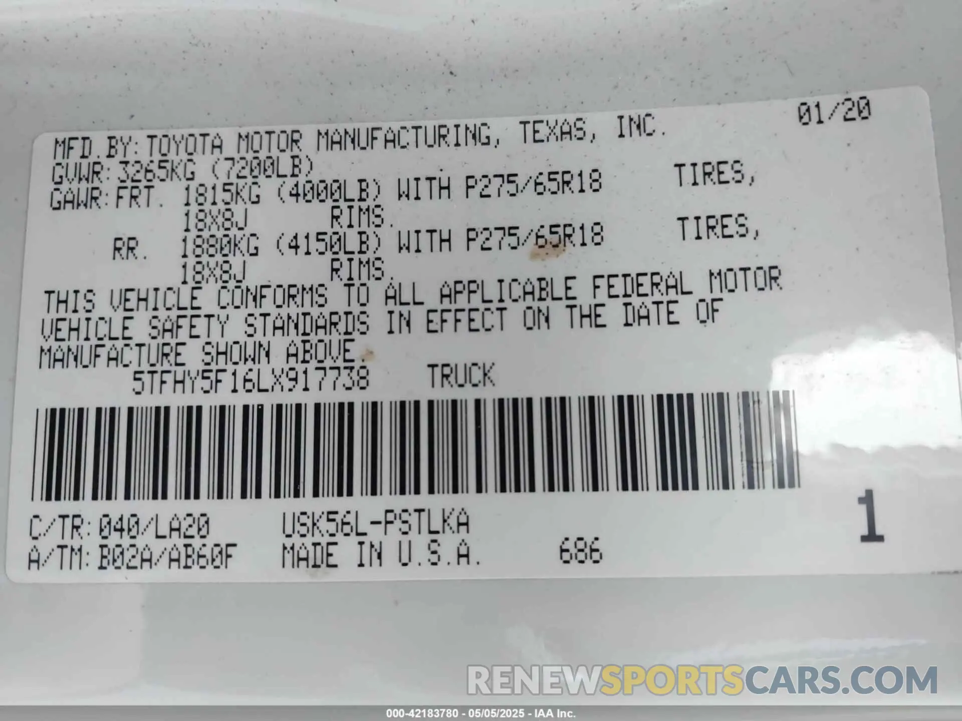 9 Фотография поврежденного автомобиля 5TFHY5F16LX917738 TOYOTA TUNDRA 2020