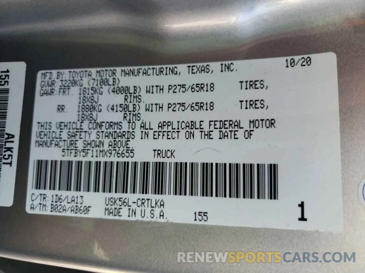 10 Фотография поврежденного автомобиля 5TFBY5F11MX976655 TOYOTA TUNDRA 2021