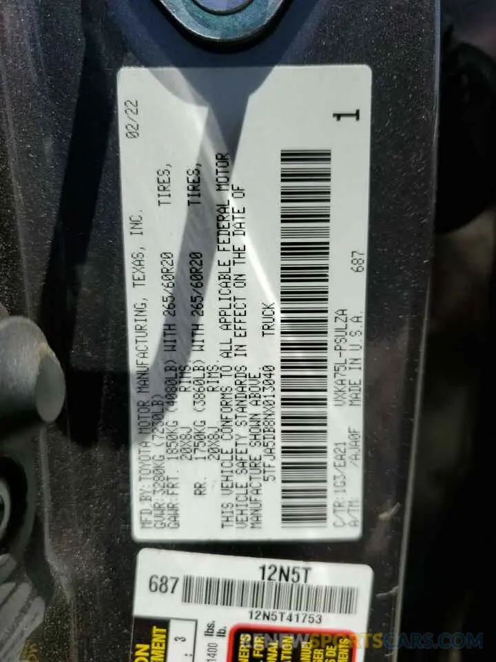 13 Фотография поврежденного автомобиля 5TFJA5DB8NX013040 TOYOTA TUNDRA 2022