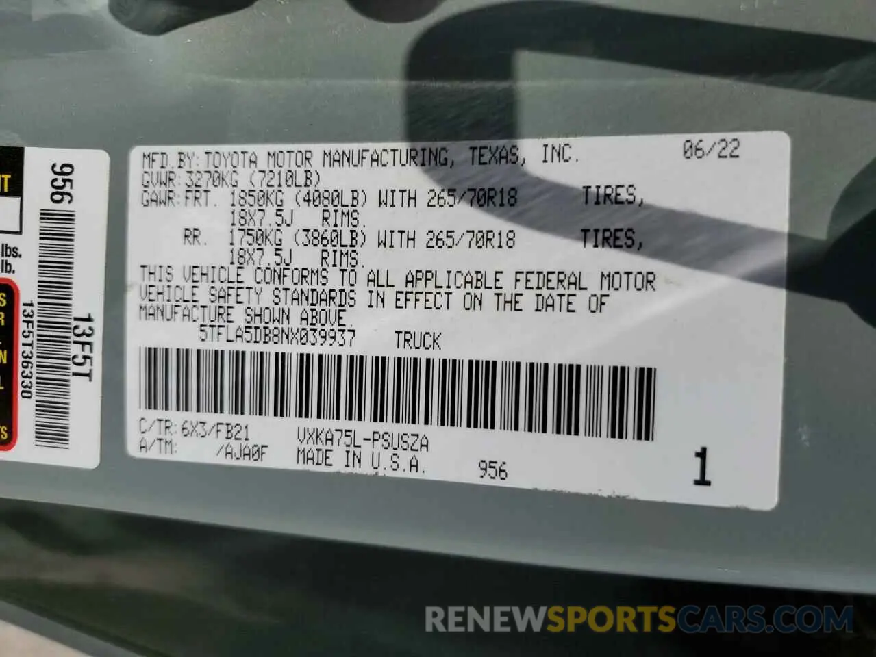 12 Фотография поврежденного автомобиля 5TFLA5DB8NX039937 TOYOTA TUNDRA 2022