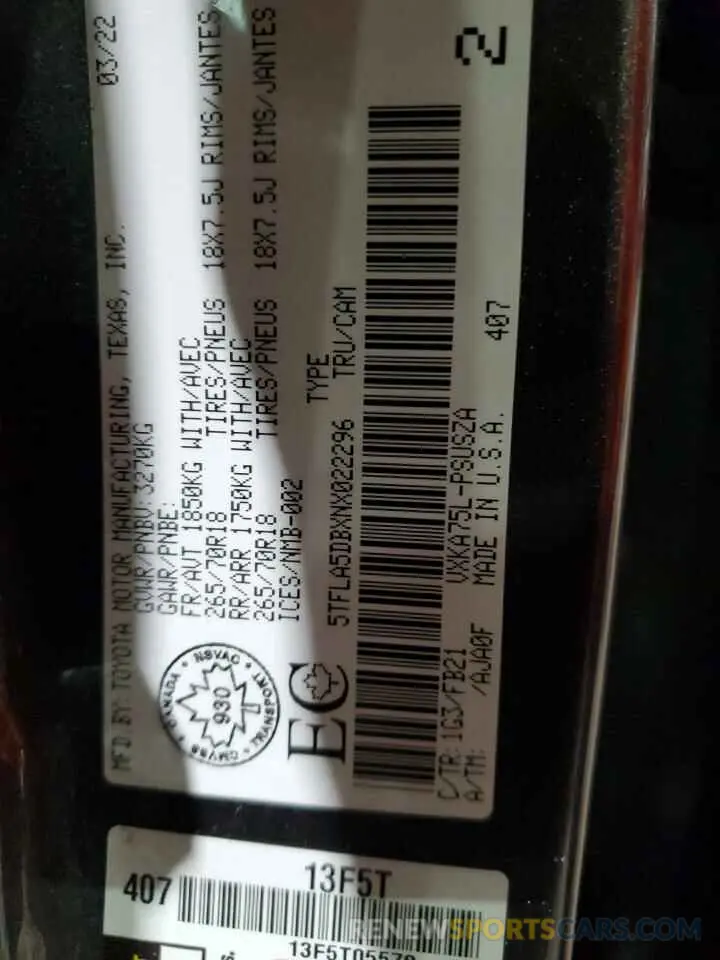 12 Фотография поврежденного автомобиля 5TFLA5DBXNX022296 TOYOTA TUNDRA 2022
