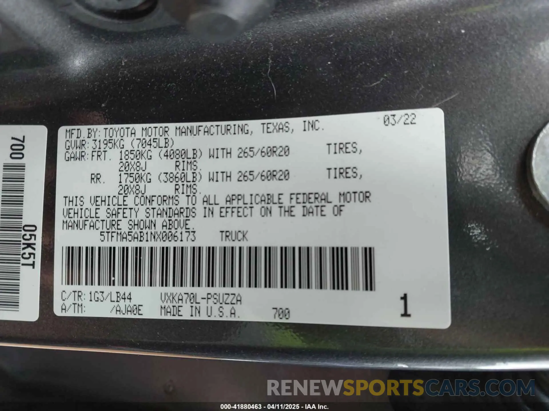 9 Фотография поврежденного автомобиля 5TFMA5AB1NX006173 TOYOTA TUNDRA 2022