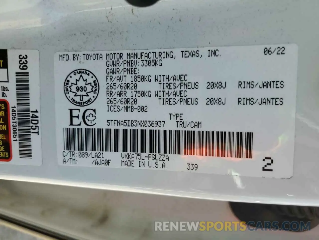 12 Photograph of a damaged car 5TFNA5DB3NX036937 TOYOTA TUNDRA 2022
