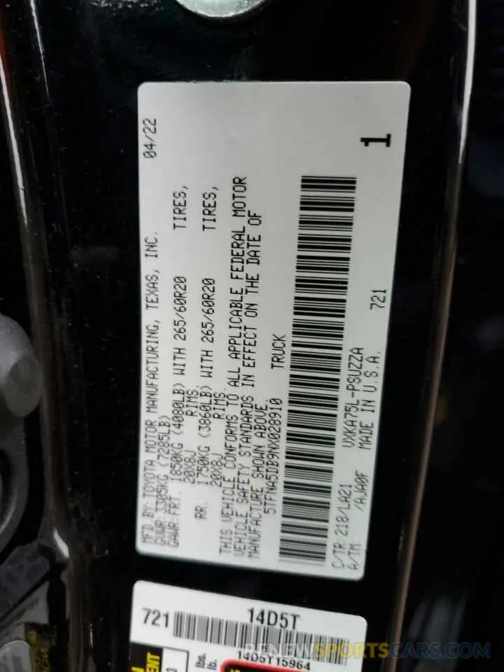 12 Фотография поврежденного автомобиля 5TFNA5DB9NX028910 TOYOTA TUNDRA 2022
