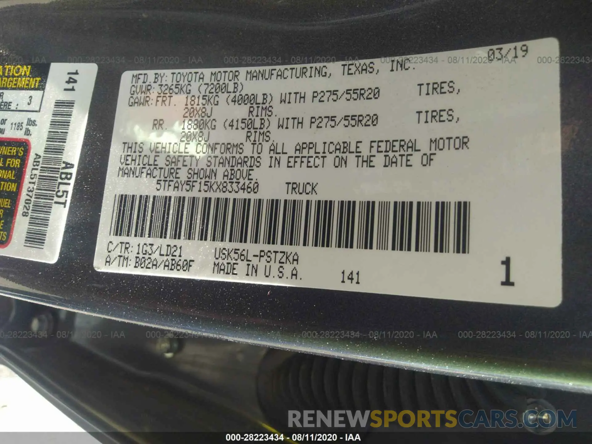 9 Photograph of a damaged car 5TFAY5F15KX833460 TOYOTA TUNDRA 4WD 2019