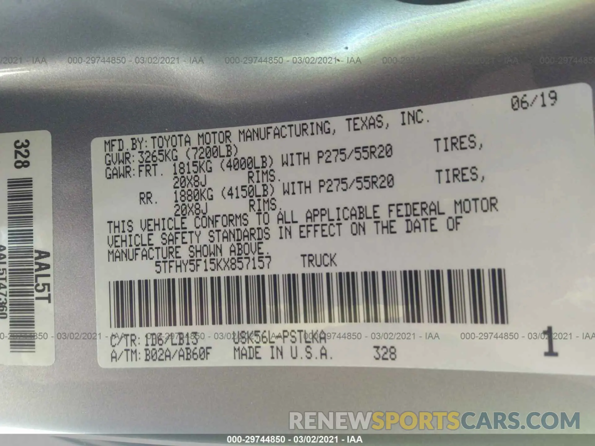 9 Photograph of a damaged car 5TFHY5F15KX857157 TOYOTA TUNDRA 4WD 2019