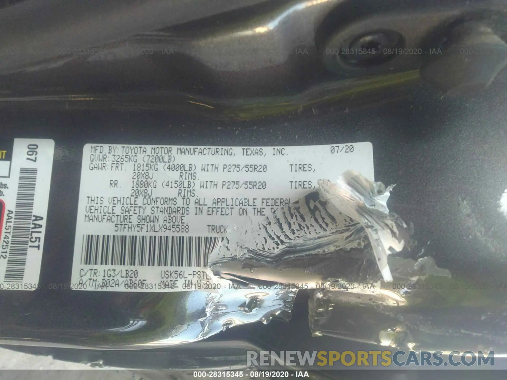 9 Photograph of a damaged car 5TFHY5F1XLX945588 TOYOTA TUNDRA 4WD 2020