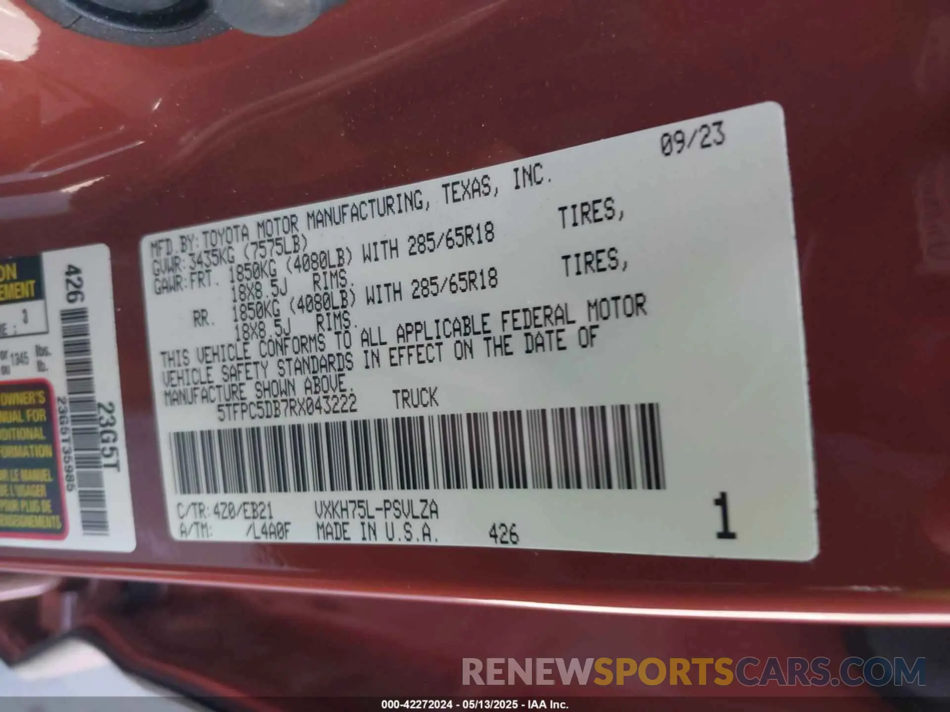 9 Фотография поврежденного автомобиля 5TFPC5DB7RX043222 TOYOTA TUNDRA HYBRID 2024
