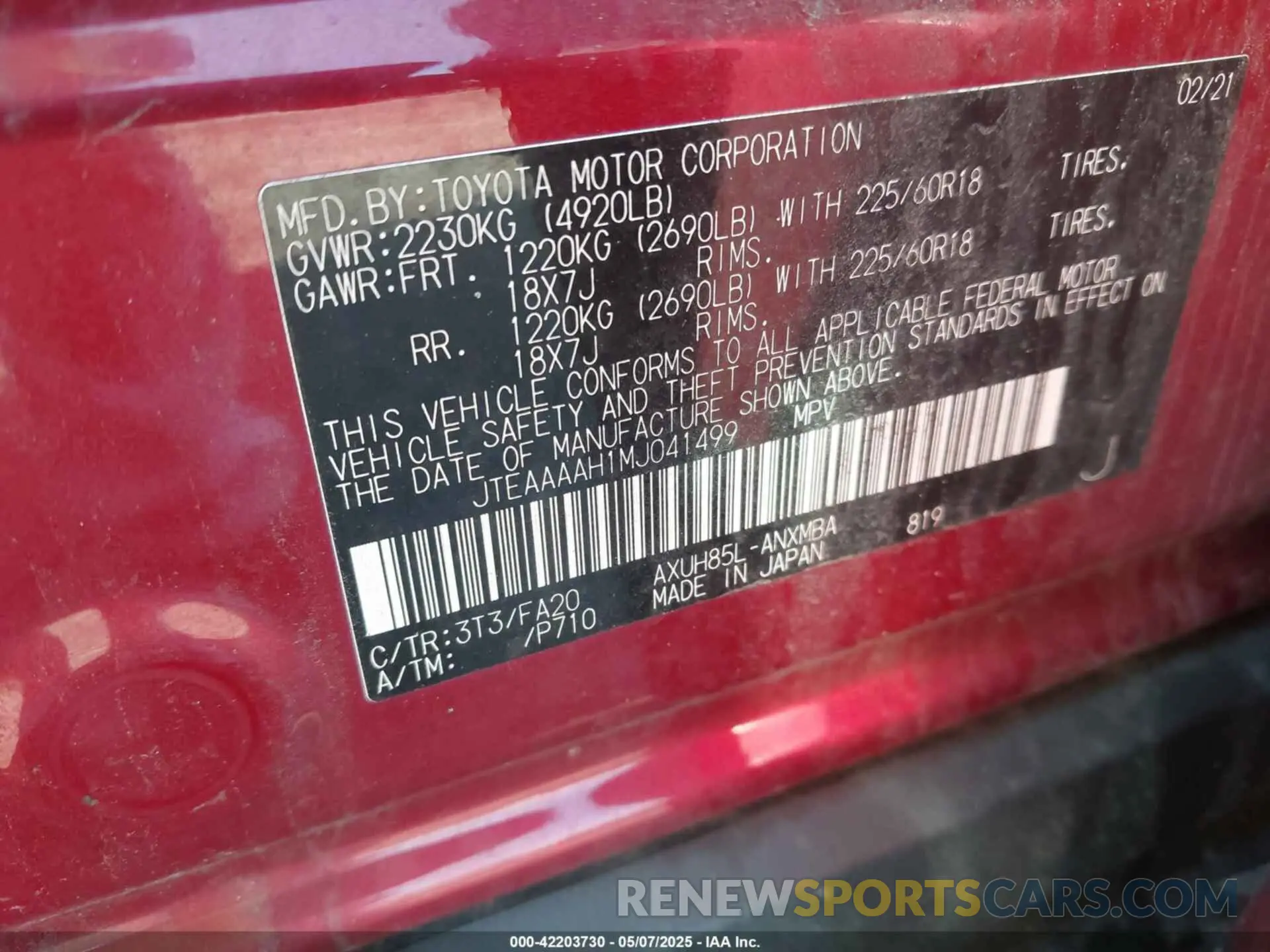 9 Photograph of a damaged car JTEAAAAH1MJ041499 TOYOTA VENZA 2021