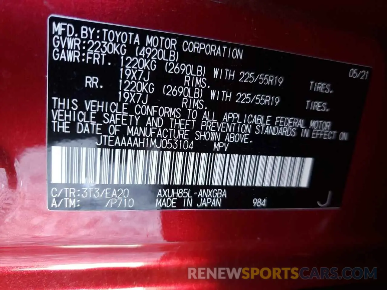 10 Photograph of a damaged car JTEAAAAH1MJ053104 TOYOTA VENZA 2021