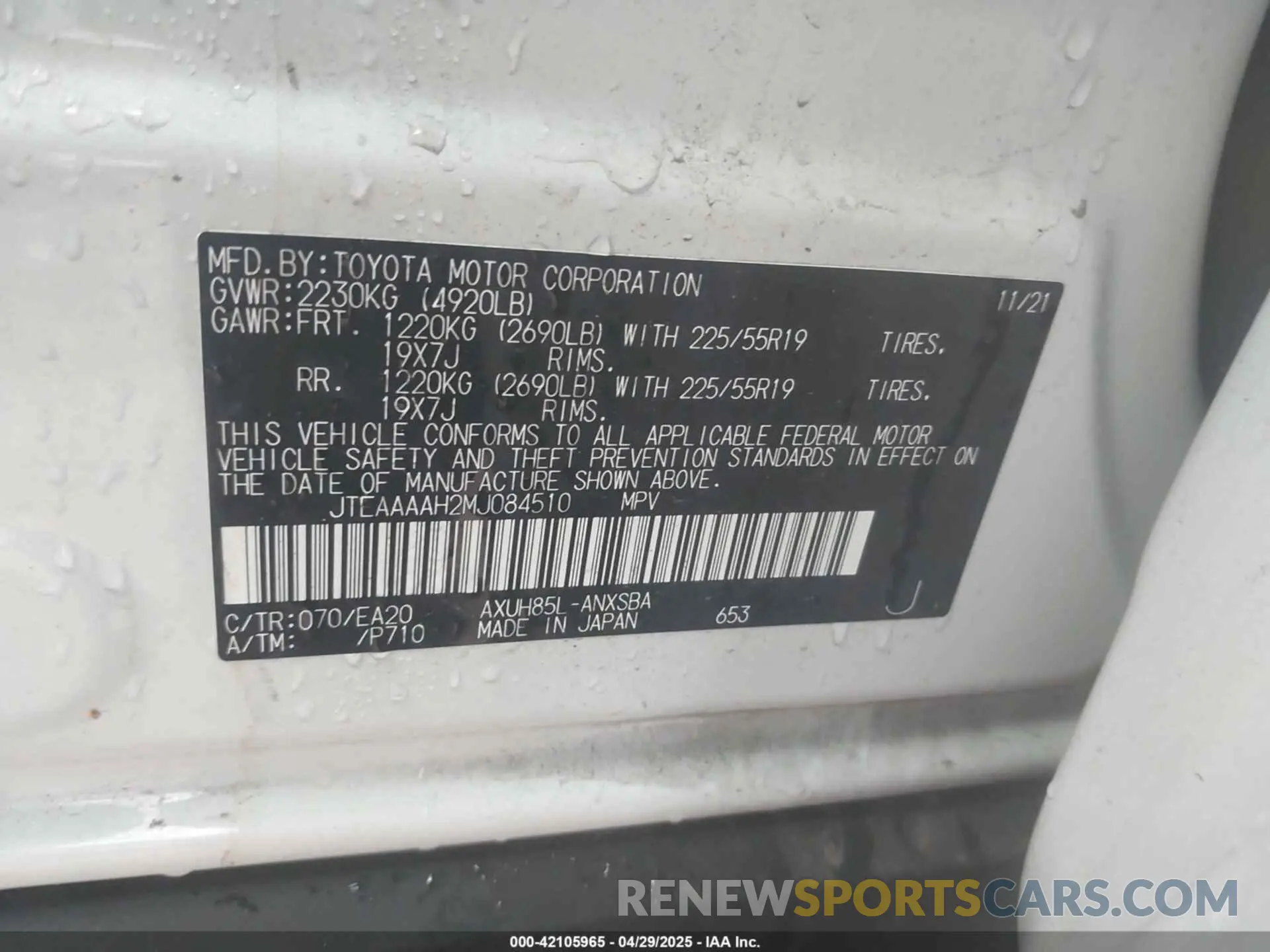 9 Photograph of a damaged car JTEAAAAH2MJ084510 TOYOTA VENZA 2021
