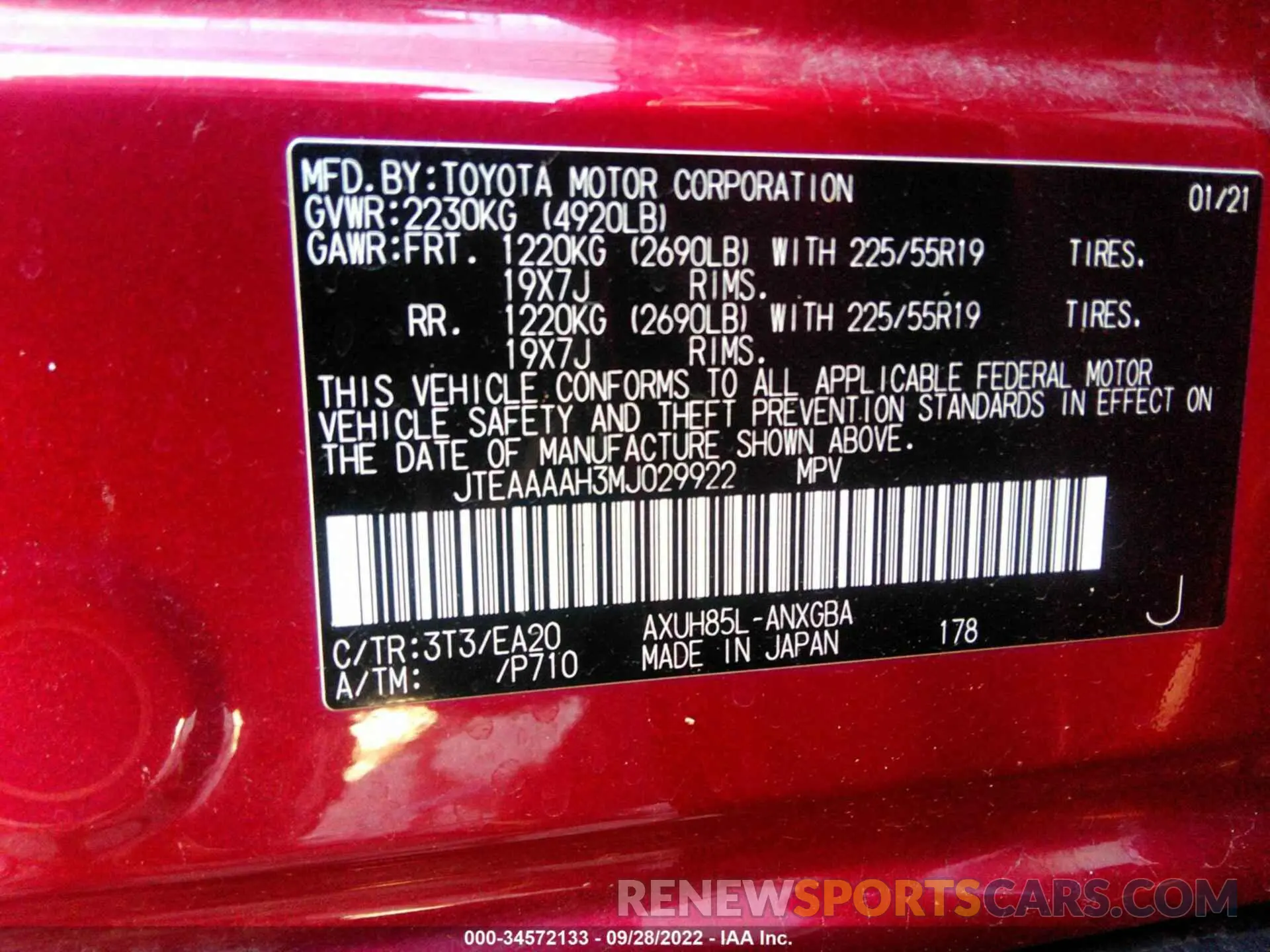 9 Photograph of a damaged car JTEAAAAH3MJ029922 TOYOTA VENZA 2021