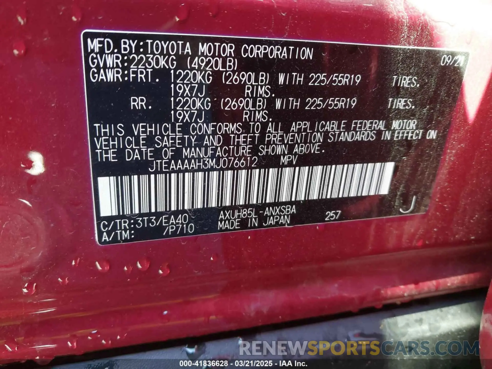 9 Photograph of a damaged car JTEAAAAH3MJ076612 TOYOTA VENZA 2021