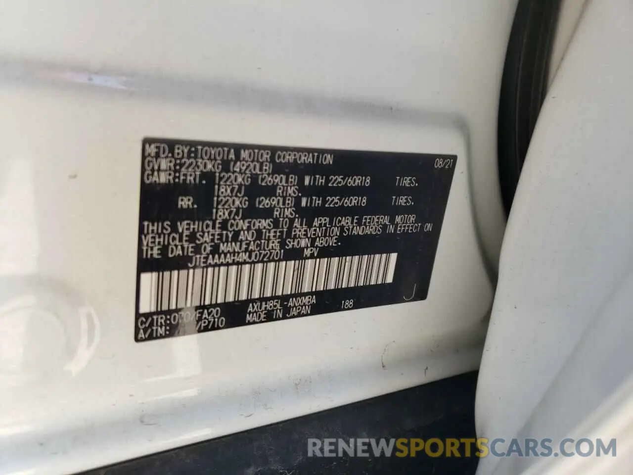 10 Photograph of a damaged car JTEAAAAH4MJ072701 TOYOTA VENZA 2021