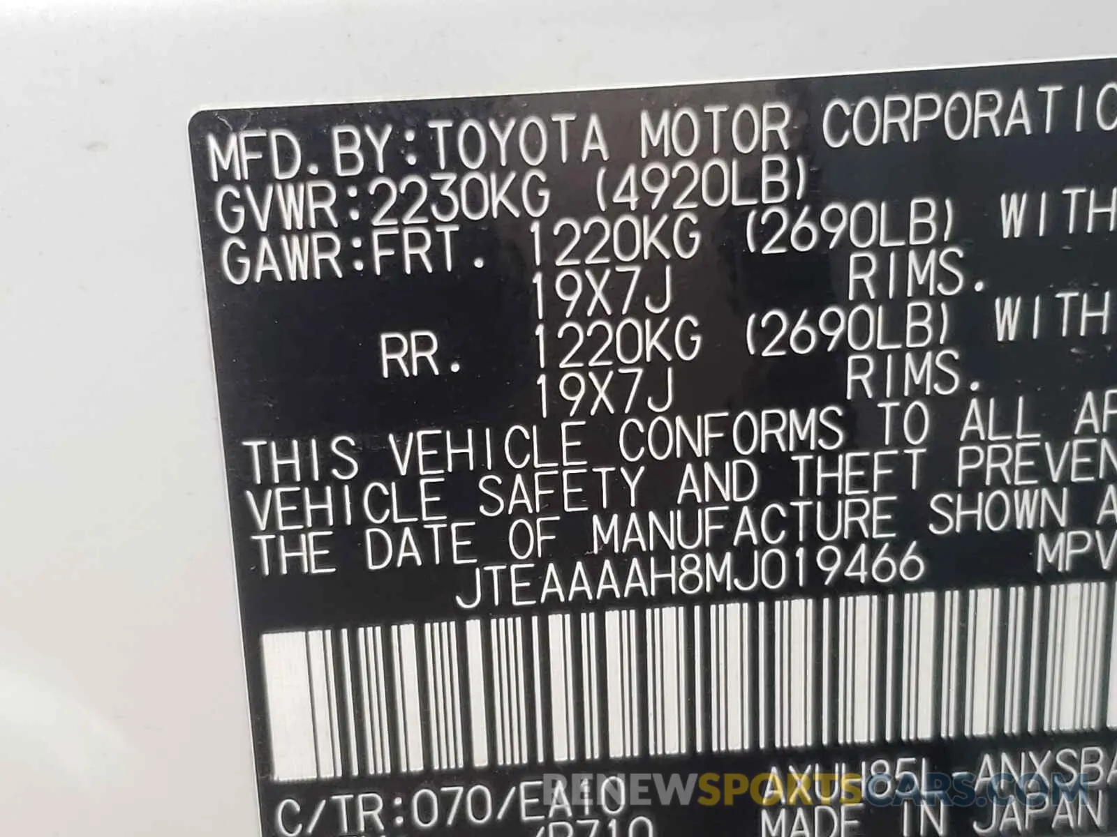 10 Photograph of a damaged car JTEAAAAH8MJ019466 TOYOTA VENZA 2021