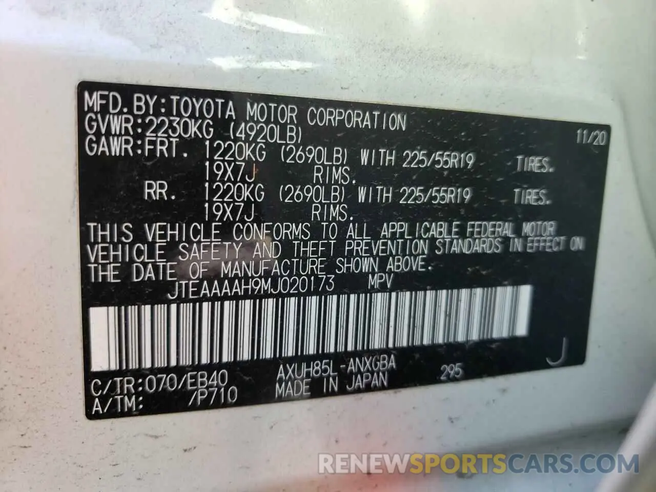 10 Photograph of a damaged car JTEAAAAH9MJ020173 TOYOTA VENZA 2021