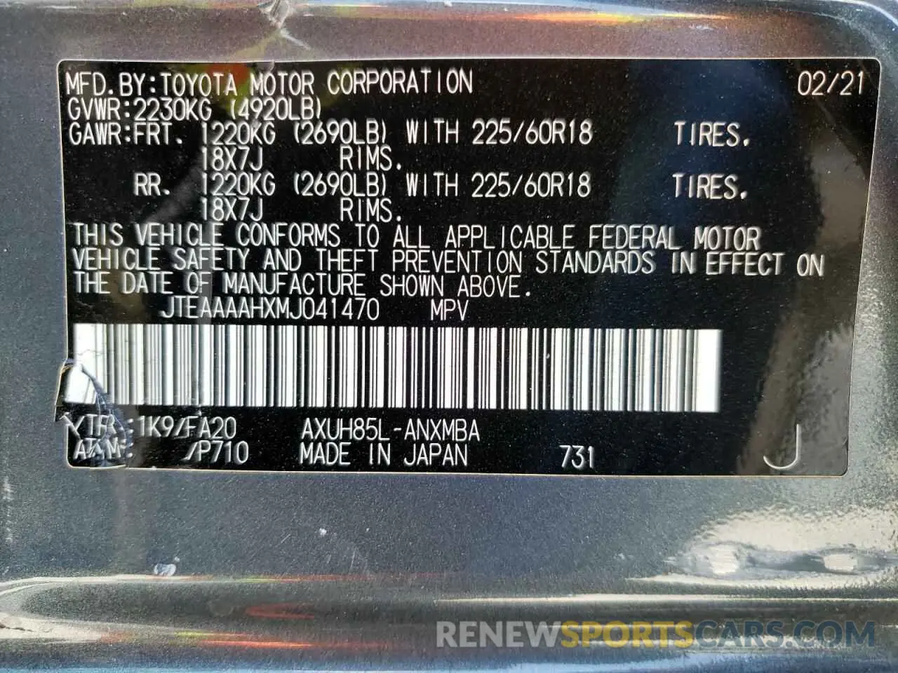 10 Фотография поврежденного автомобиля JTEAAAAHXMJ041470 TOYOTA VENZA 2021