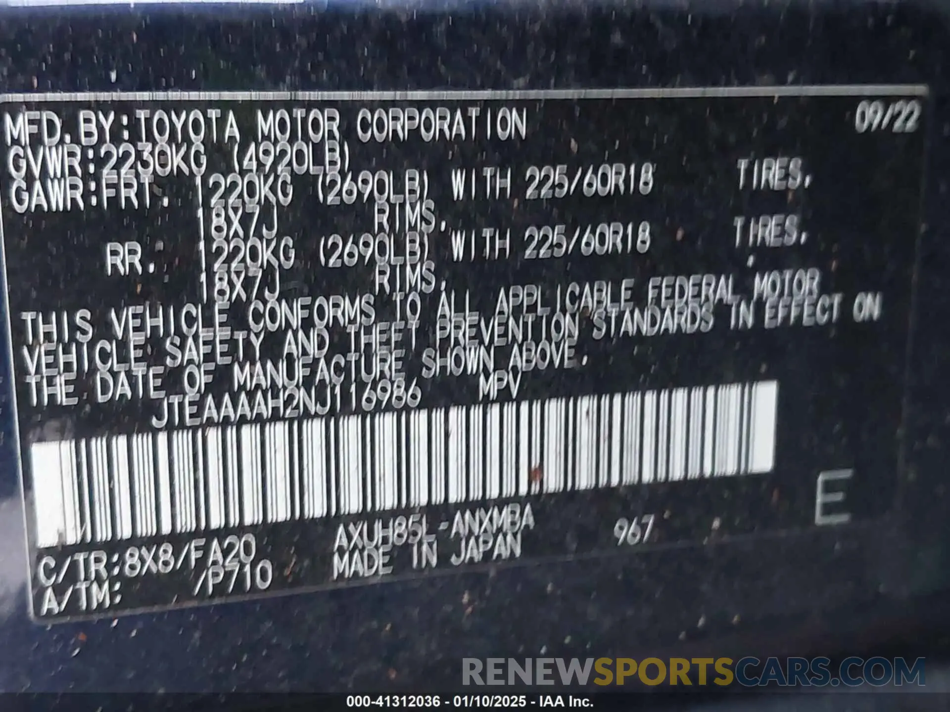 9 Фотография поврежденного автомобиля JTEAAAAH2NJ116986 TOYOTA VENZA 2022