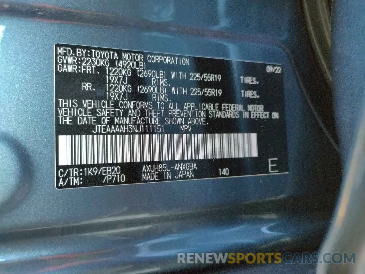 10 Photograph of a damaged car JTEAAAAH3NJ111151 TOYOTA VENZA 2022