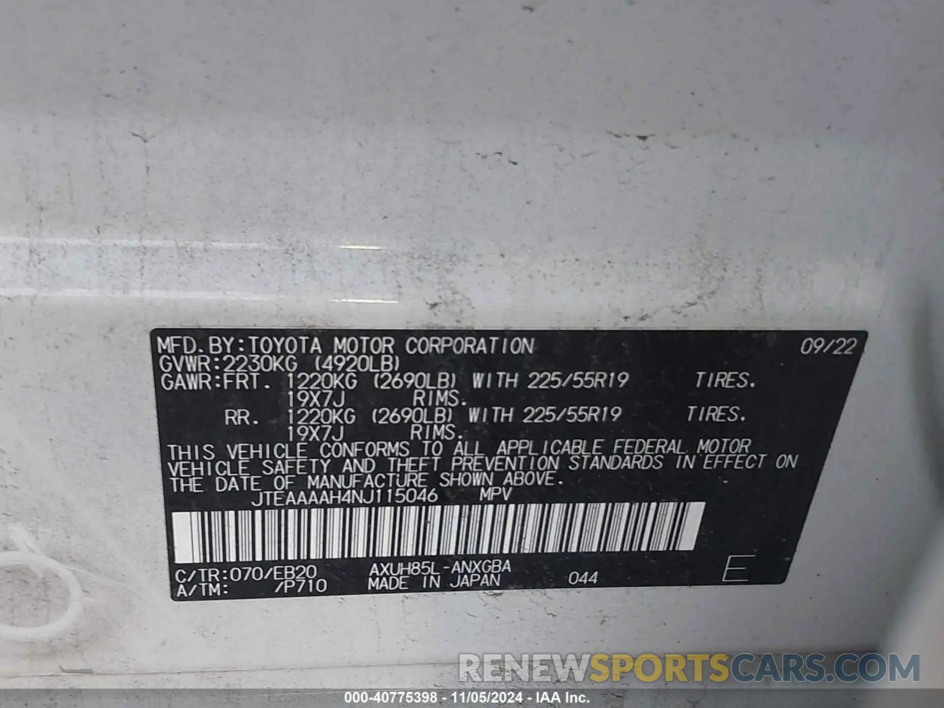 9 Photograph of a damaged car JTEAAAAH4NJ115046 TOYOTA VENZA 2022