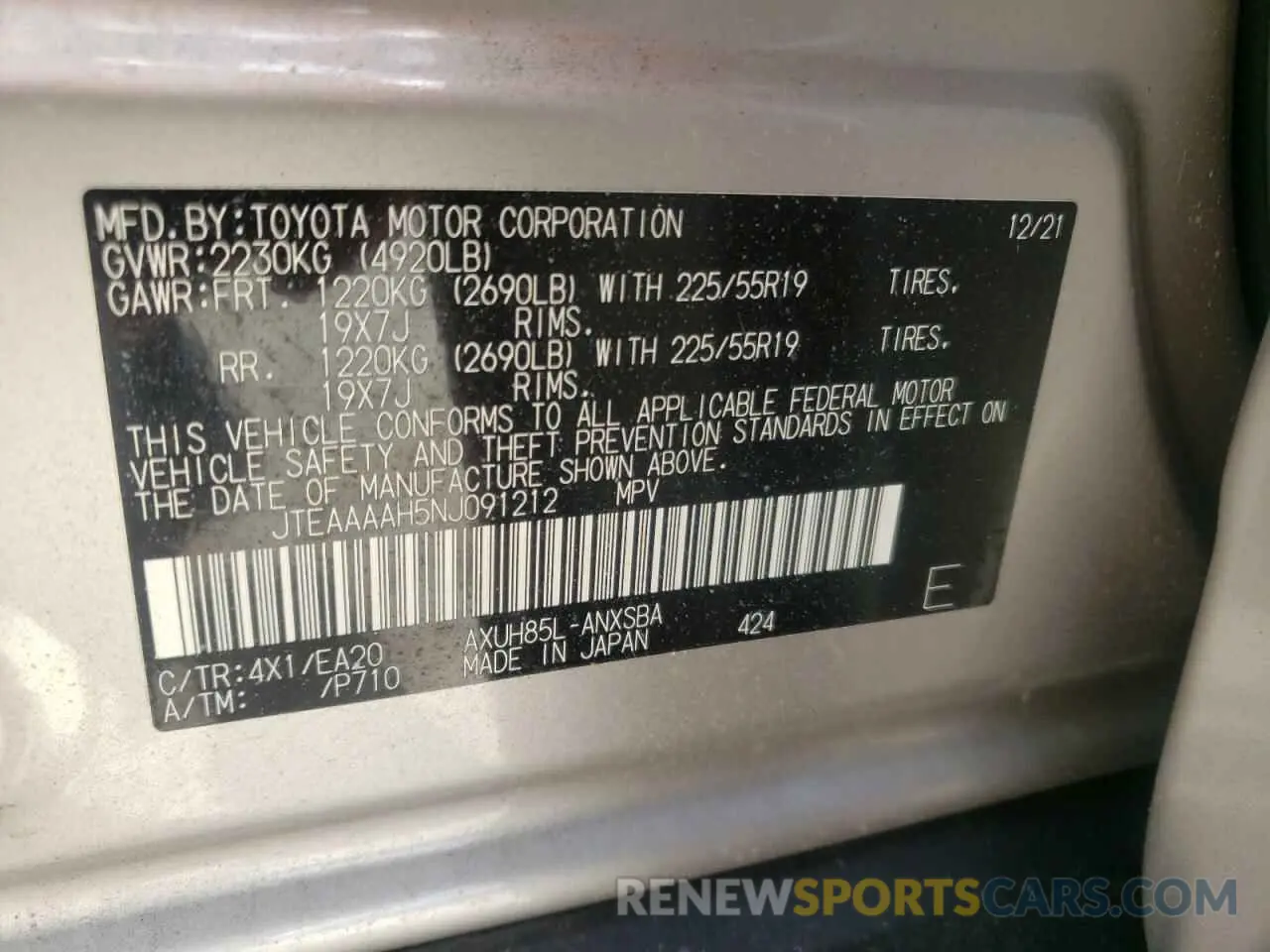 10 Photograph of a damaged car JTEAAAAH5NJ091212 TOYOTA VENZA 2022