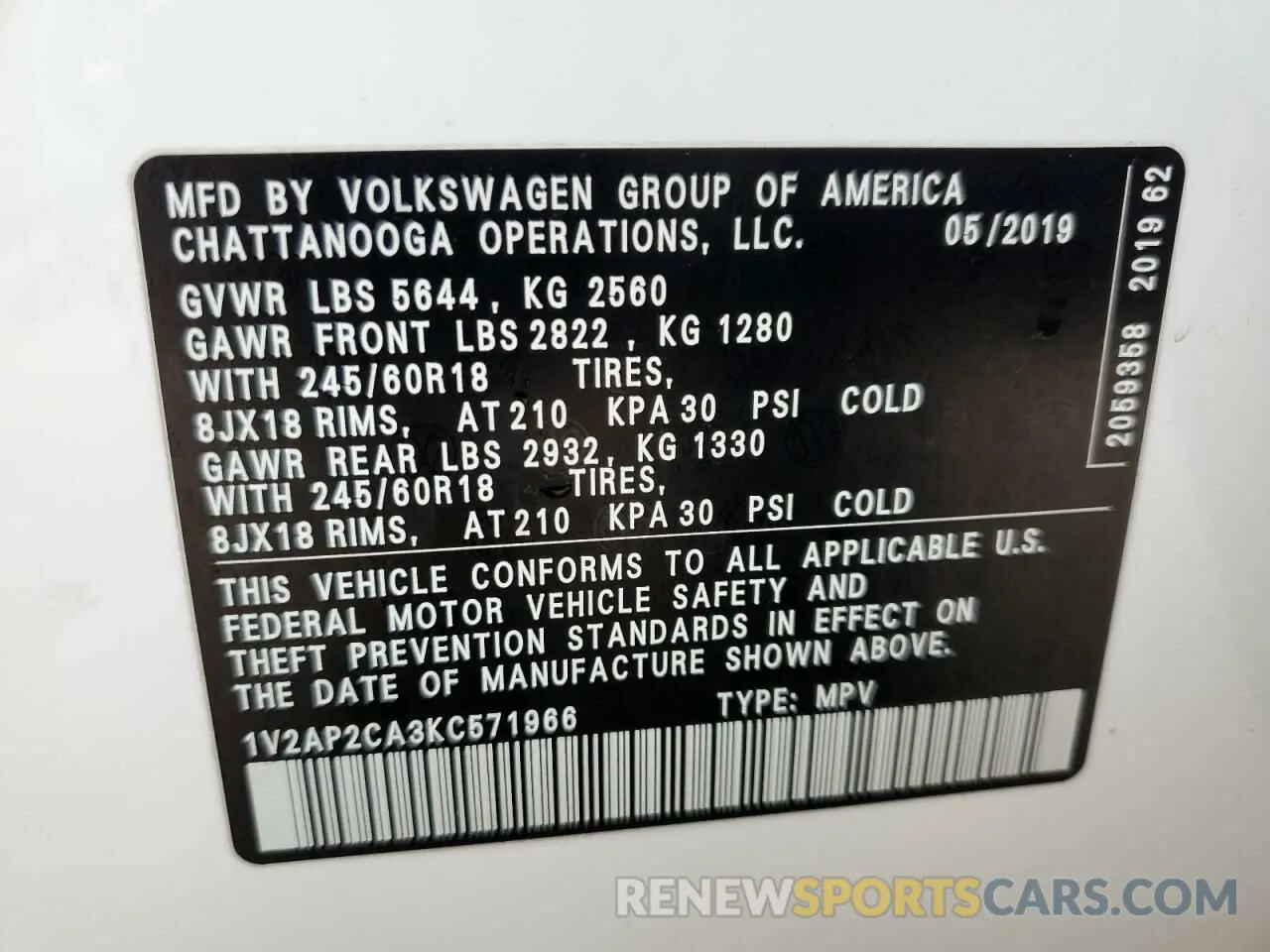 12 Photograph of a damaged car 1V2AP2CA3KC571966 VOLKSWAGEN ATLAS 2019