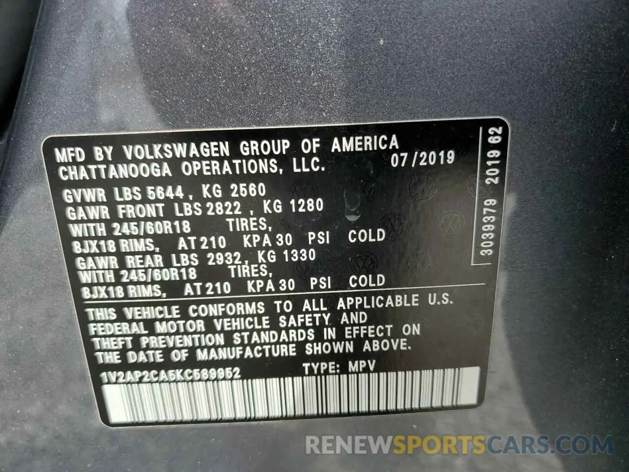 13 Photograph of a damaged car 1V2AP2CA5KC589952 VOLKSWAGEN ATLAS 2019