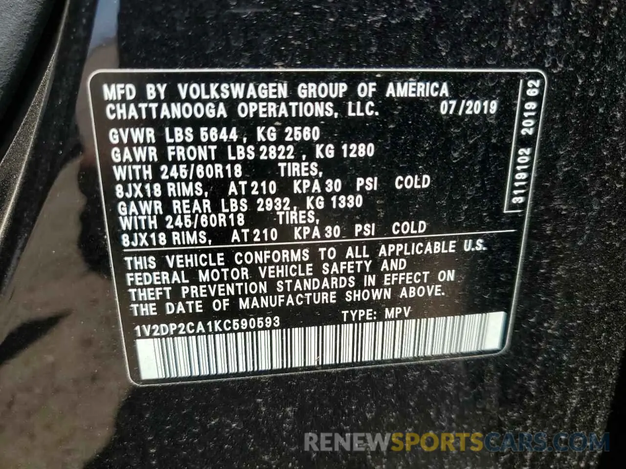 13 Photograph of a damaged car 1V2DP2CA1KC590593 VOLKSWAGEN ATLAS 2019